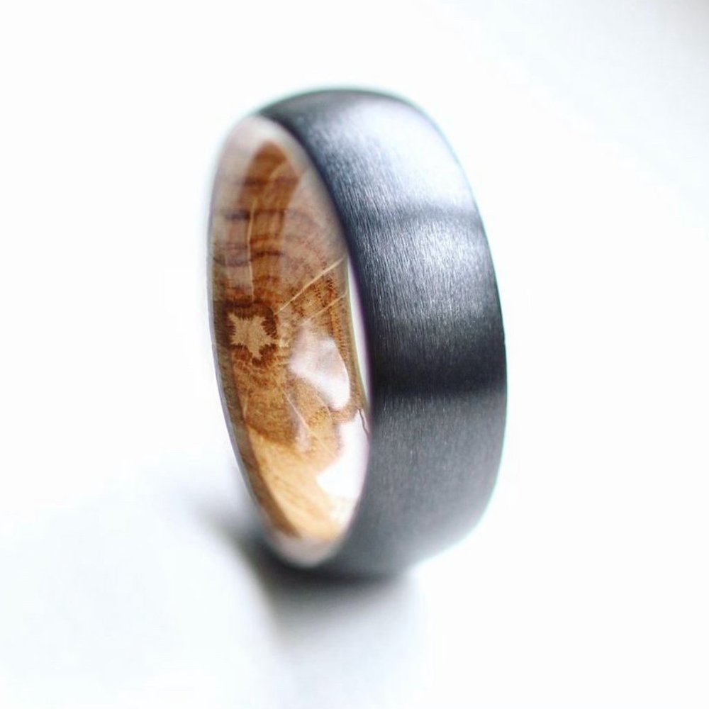 Satin Black Ceramic and English Oak Men's Wedding Band/Ring